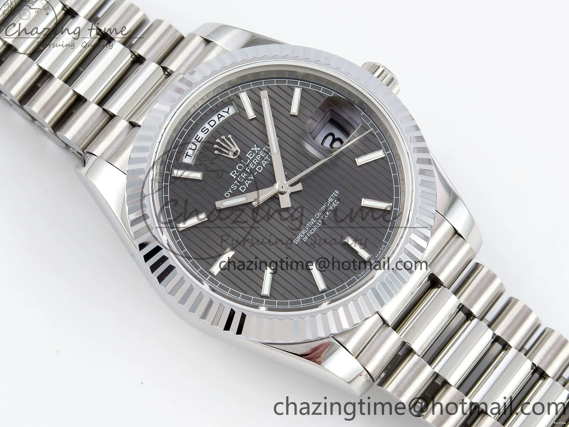 MiroTime 0418 SportInspired DayDate 40 SS JDF 904L Steel Gray Textured Stick Dial on President Bracelet VR3255 V3 (Gain Weight) 1437